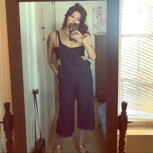 Dark wash, cropped overalls with side zip